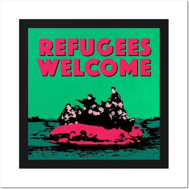 REFUGEES WELCOME (ALT. COLOURS) - ILLUSTRATION SHOWING REFUGEES ON A SMALL BOAT Wall Art by CliffordHayes